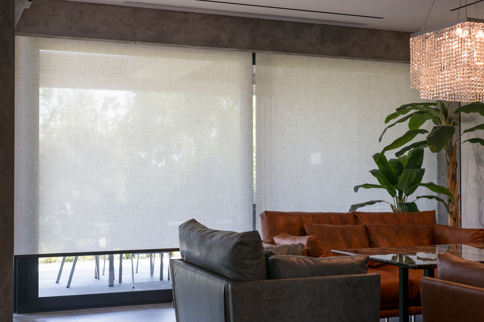 Roller blinds in the interior. Roller blinds in the interior.